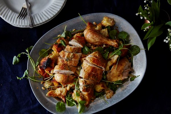 Zuni Café bread salad with currants, pine nuts, scallions & roasted chicken